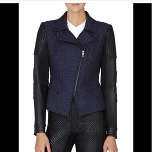 -BCBG Maxazria medium asymmetrical zip denim  & faux leather‎ Moto jacket.EUC